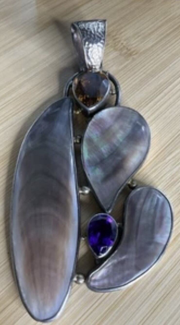 Large Artisan Mother of Pearl Amethyst Citrine Statement Pendant 55g 5” X 2.5”